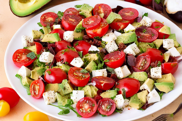 Avocado Tomato Mozzarella Salad final dish beautifully presented and ready to serve