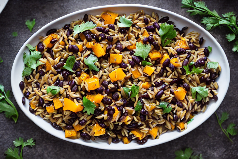 Butternut Squash Black Bean Orzo final dish beautifully presented and ready to serve