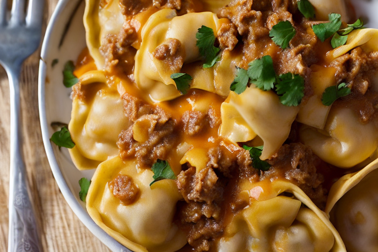 Cheesy Beef Enchilada Tortellini final dish beautifully presented and ready to serve
