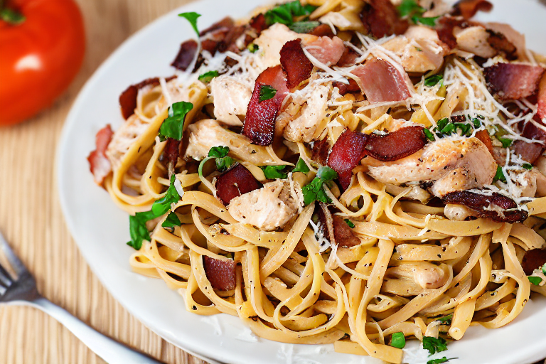 Chicken Bacon Pasta final dish beautifully presented and ready to serve