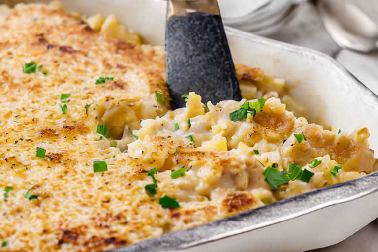 Creamy Chicken Rice Casserole slice on plate showing perfect texture and swirl pattern
