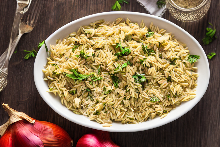Garlic Parmesan Orzo final dish beautifully presented and ready to serve