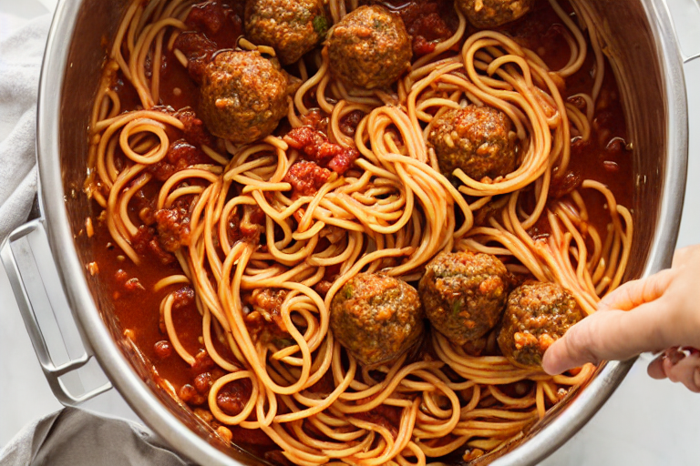Instant Pot Spaghetti and Meatballs ingredients organized and measured on kitchen counter