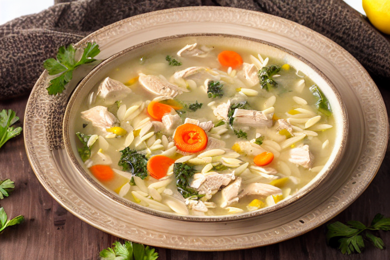 Lemon Chicken Orzo Soup slice on plate showing perfect texture and swirl pattern