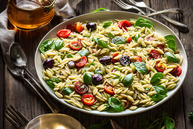 Orzo Salad Recipe final dish beautifully presented and ready to serve
