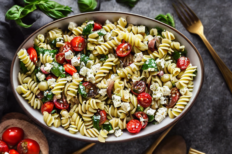 Pasta Salad with Feta final dish beautifully presented and ready to serve