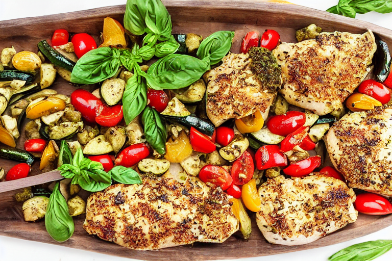 Pesto Chicken and Veggies ingredients organized and measured on kitchen counter