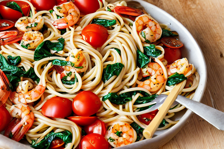 Shrimp Tomato Spinach Pasta final dish beautifully presented and ready to serve