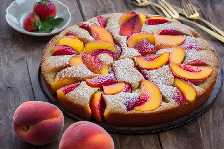 Strawberry Peach Cake slice on plate showing perfect texture and swirl pattern