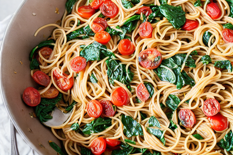 Tomato Spinach Chicken Spaghetti final dish beautifully presented and ready to serve