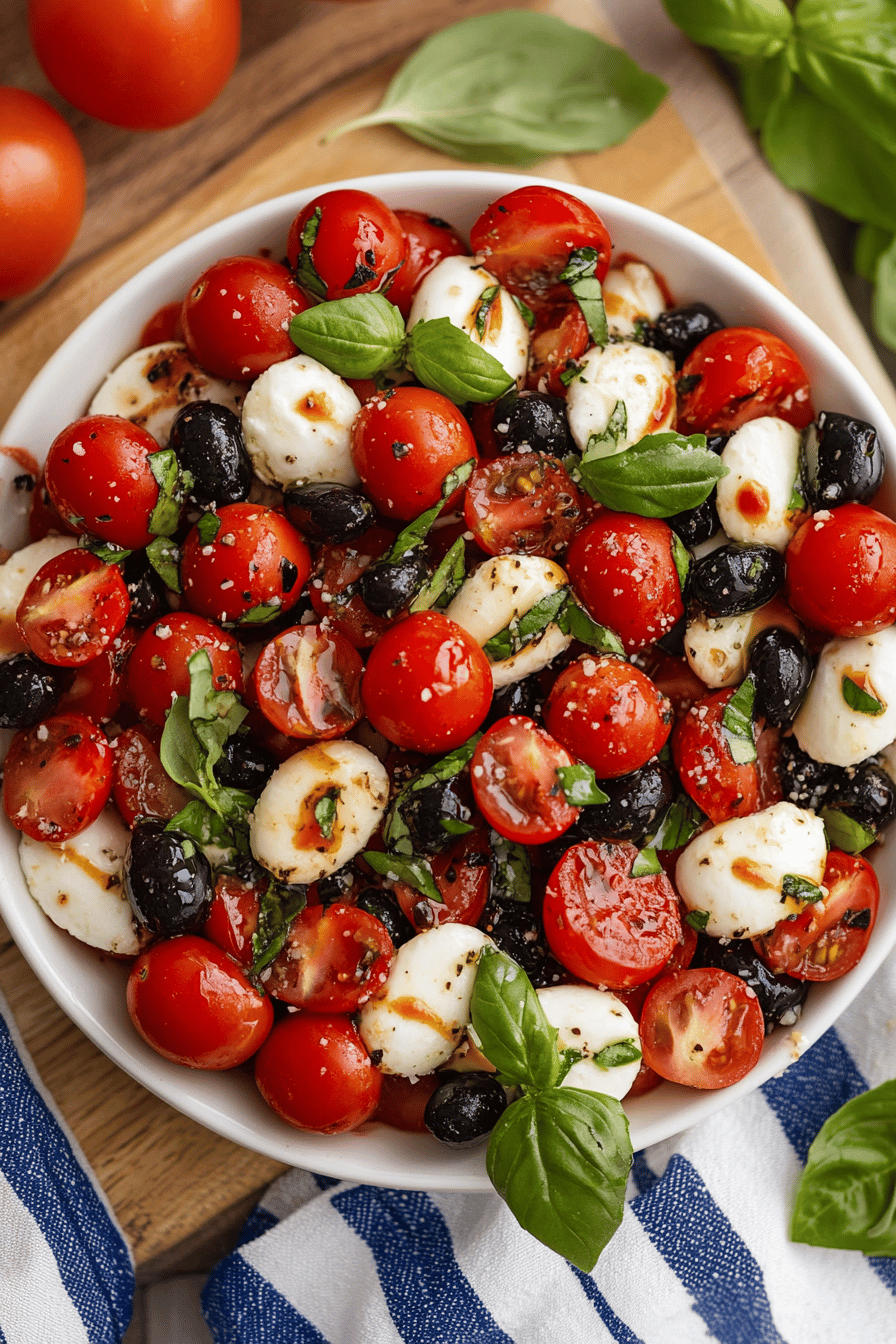 Caprese salad ingredients organized and measured on kitchen counter