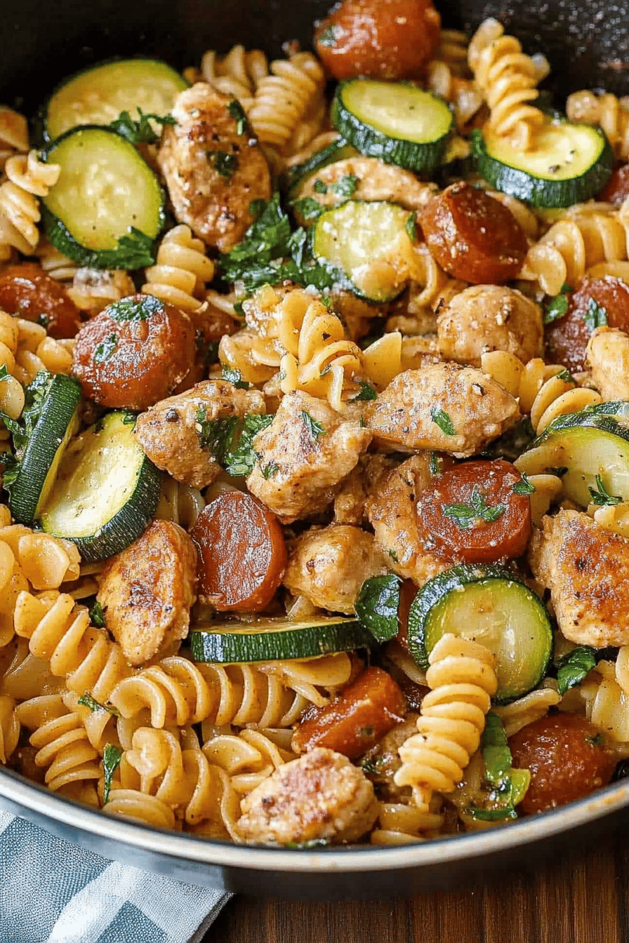 Chicken Zucchini Pasta Skillet ingredients organized and measured on kitchen counter