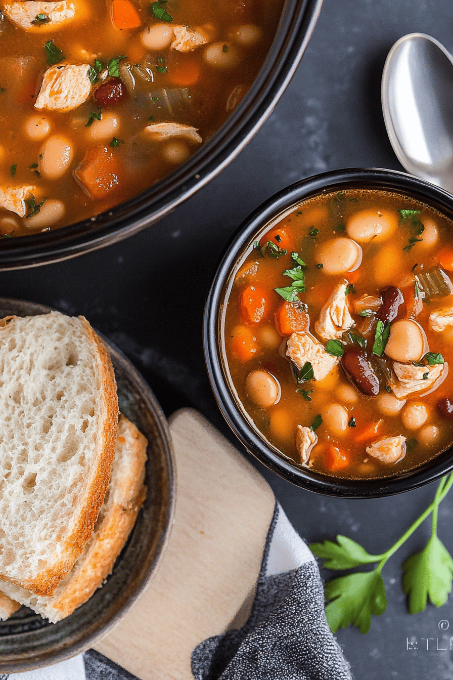 Chicken bean soup slice on plate showing perfect texture and swirl pattern