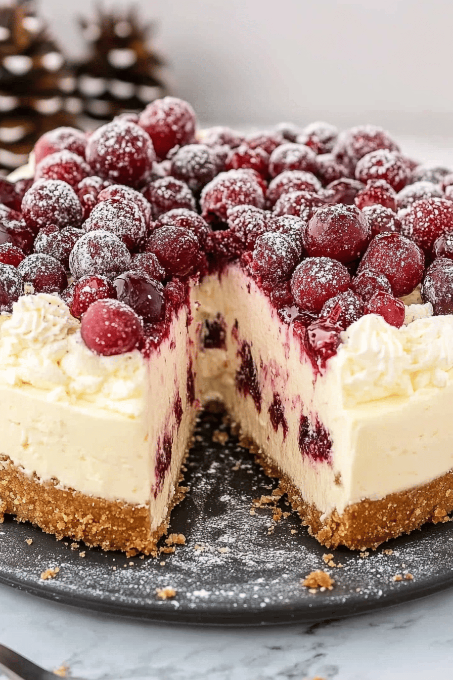 Christmas cheesecake slice on plate showing perfect texture and swirl pattern