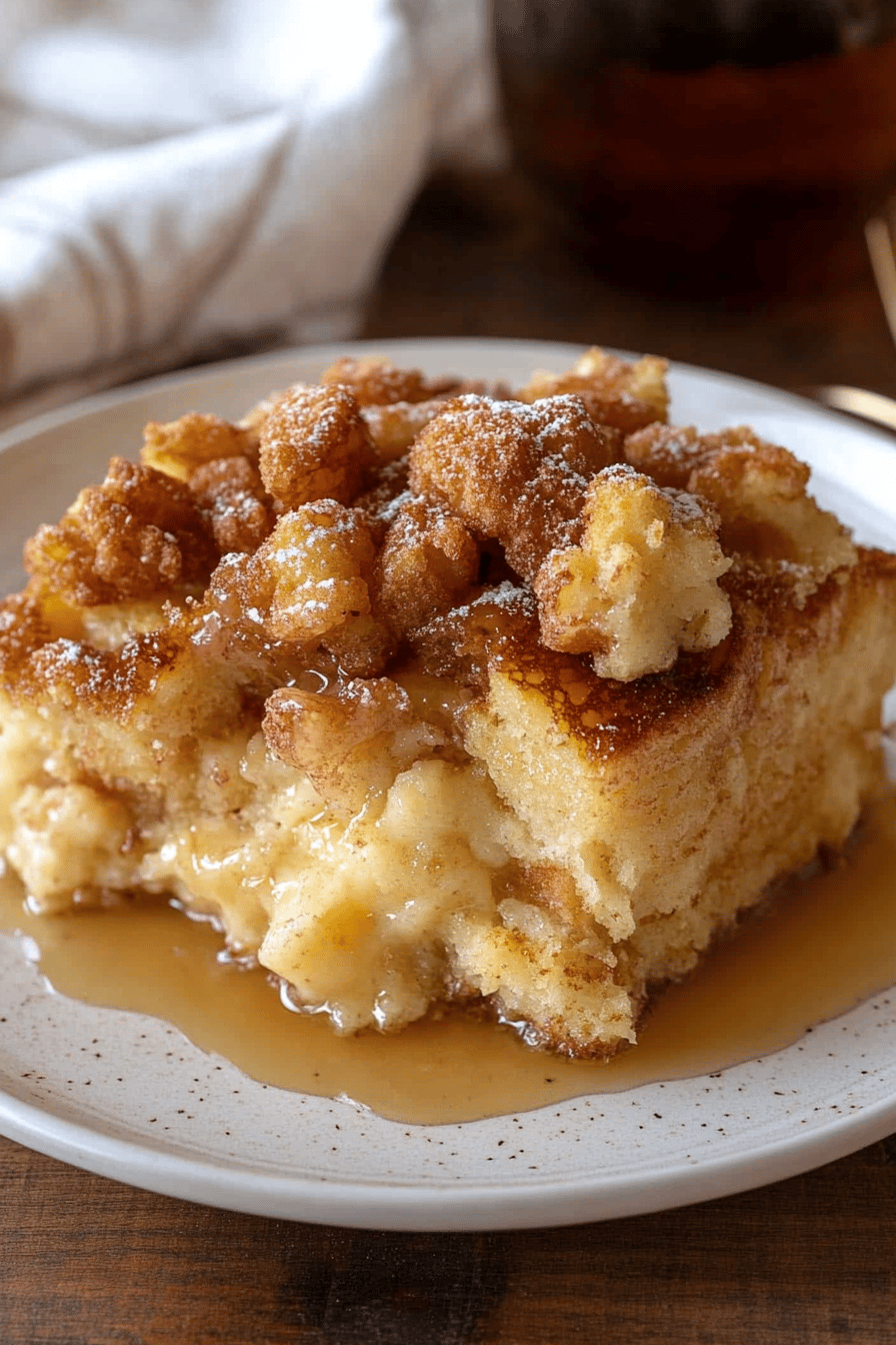 French Toast Casserole slice on plate showing perfect texture and swirl pattern