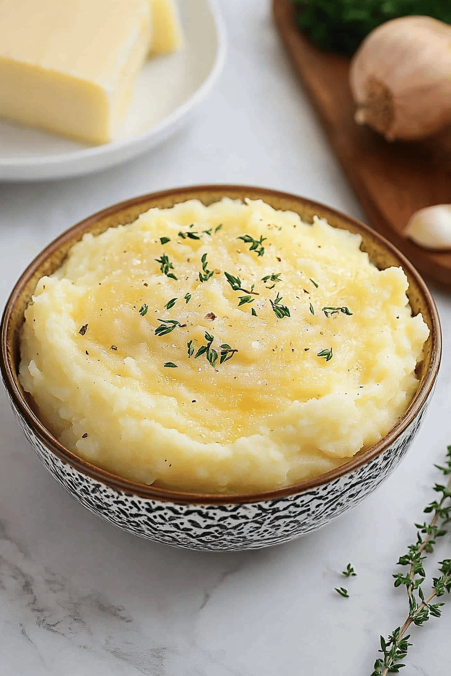 Garlic Mashed Potatoes ingredients organized and measured on kitchen counter