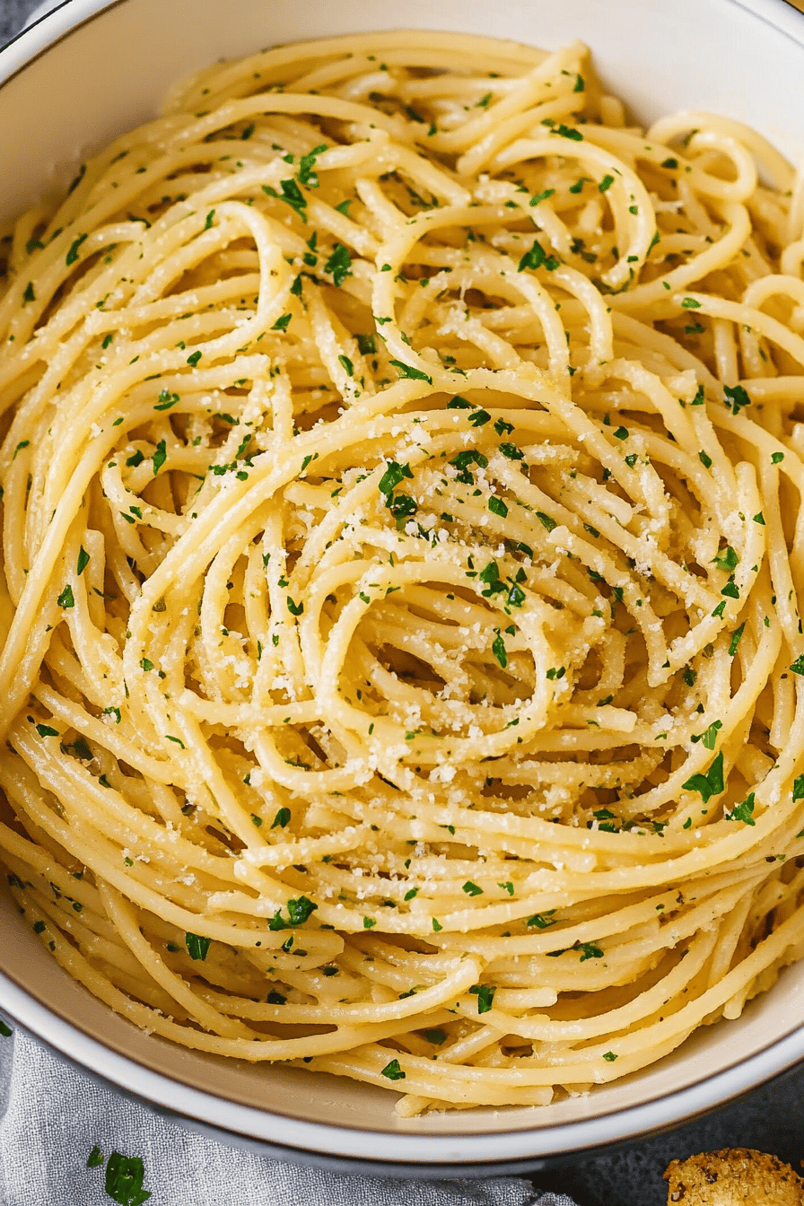 Garlic butter pasta ingredients organized and measured on kitchen counter