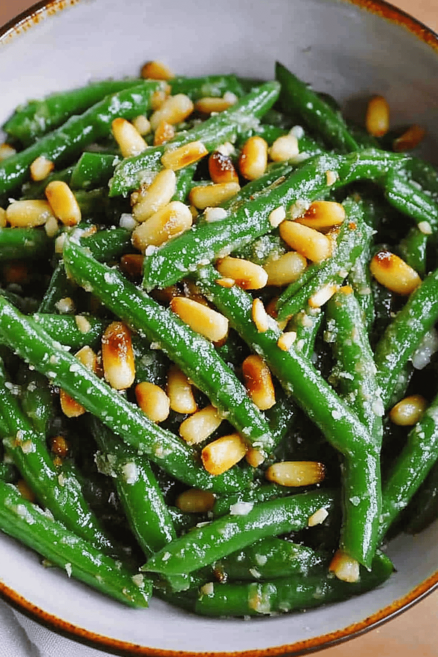 Green Beans Pine Nuts ingredients organized and measured on kitchen counter