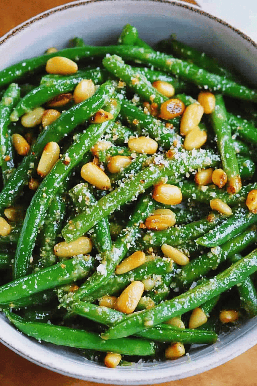 Green Beans Pine Nuts slice on plate showing perfect texture and swirl pattern