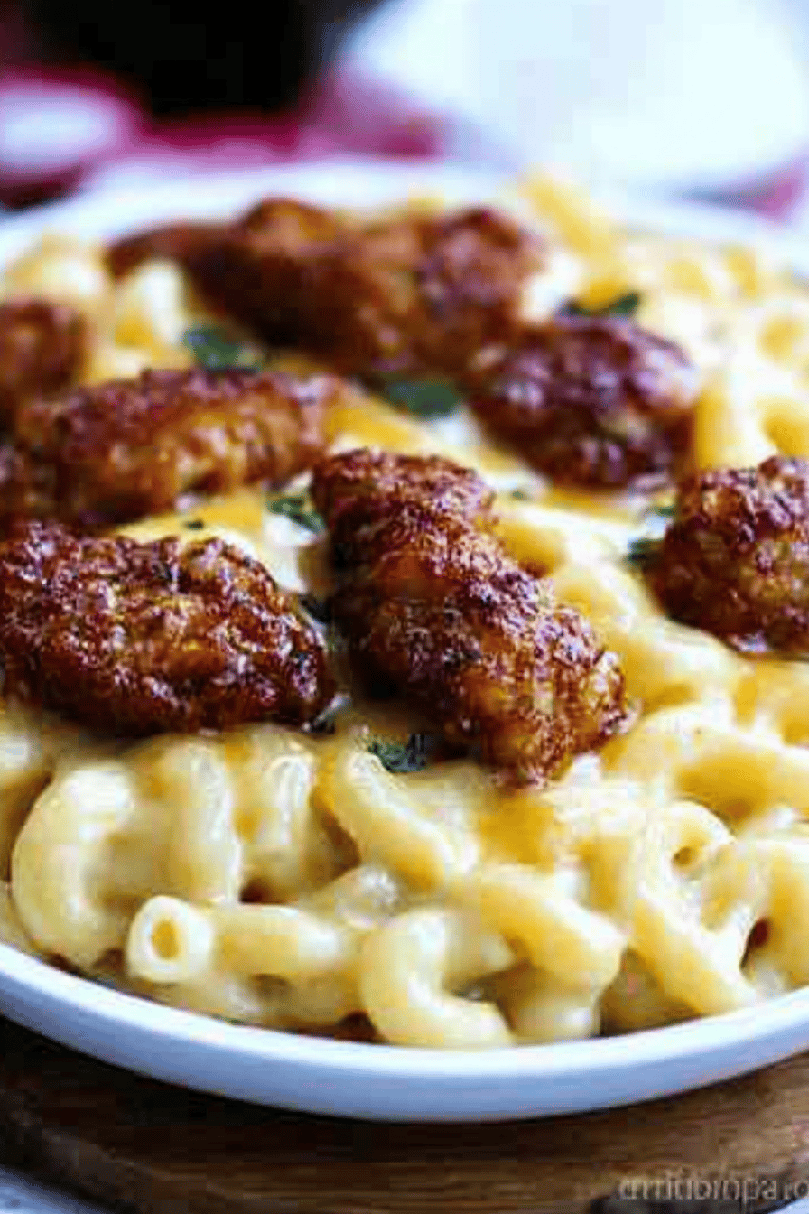 Honey pepper chicken mac and cheese slice on plate showing perfect texture and swirl pattern