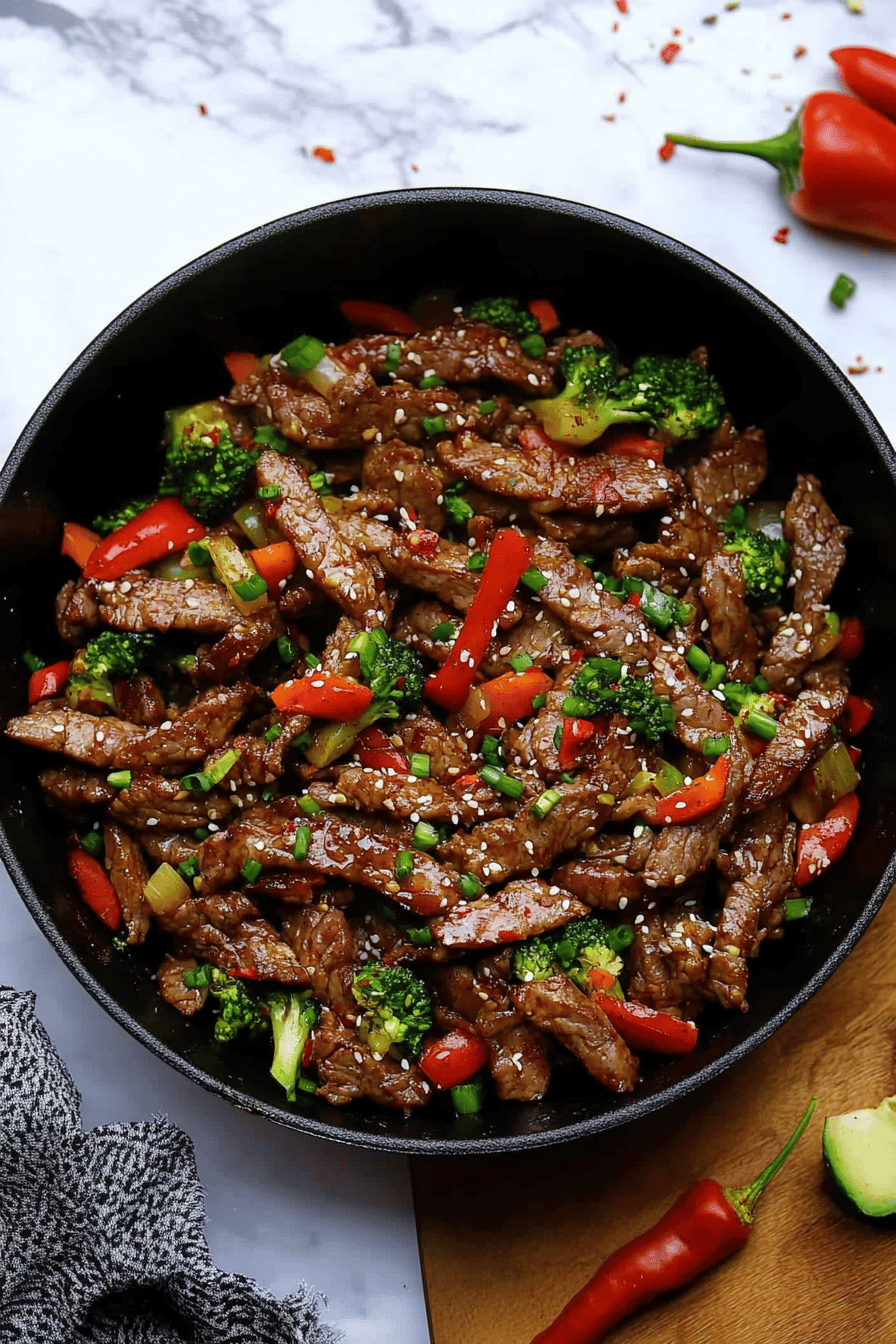 Hunan Beef Stir Fry slice on plate showing perfect texture and swirl pattern