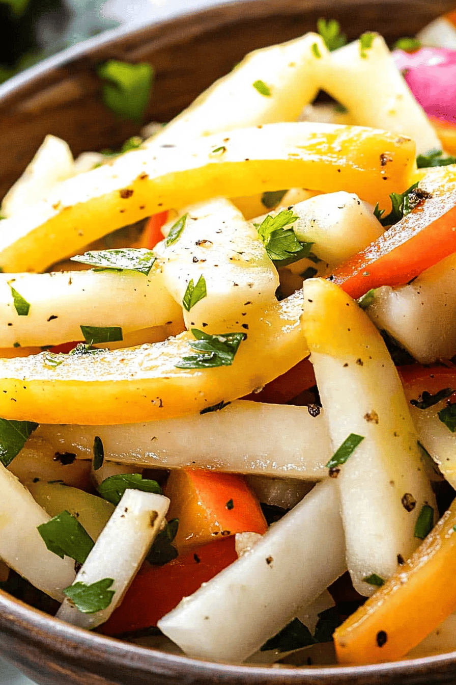 Jicama Salad slice on plate showing perfect texture and swirl pattern