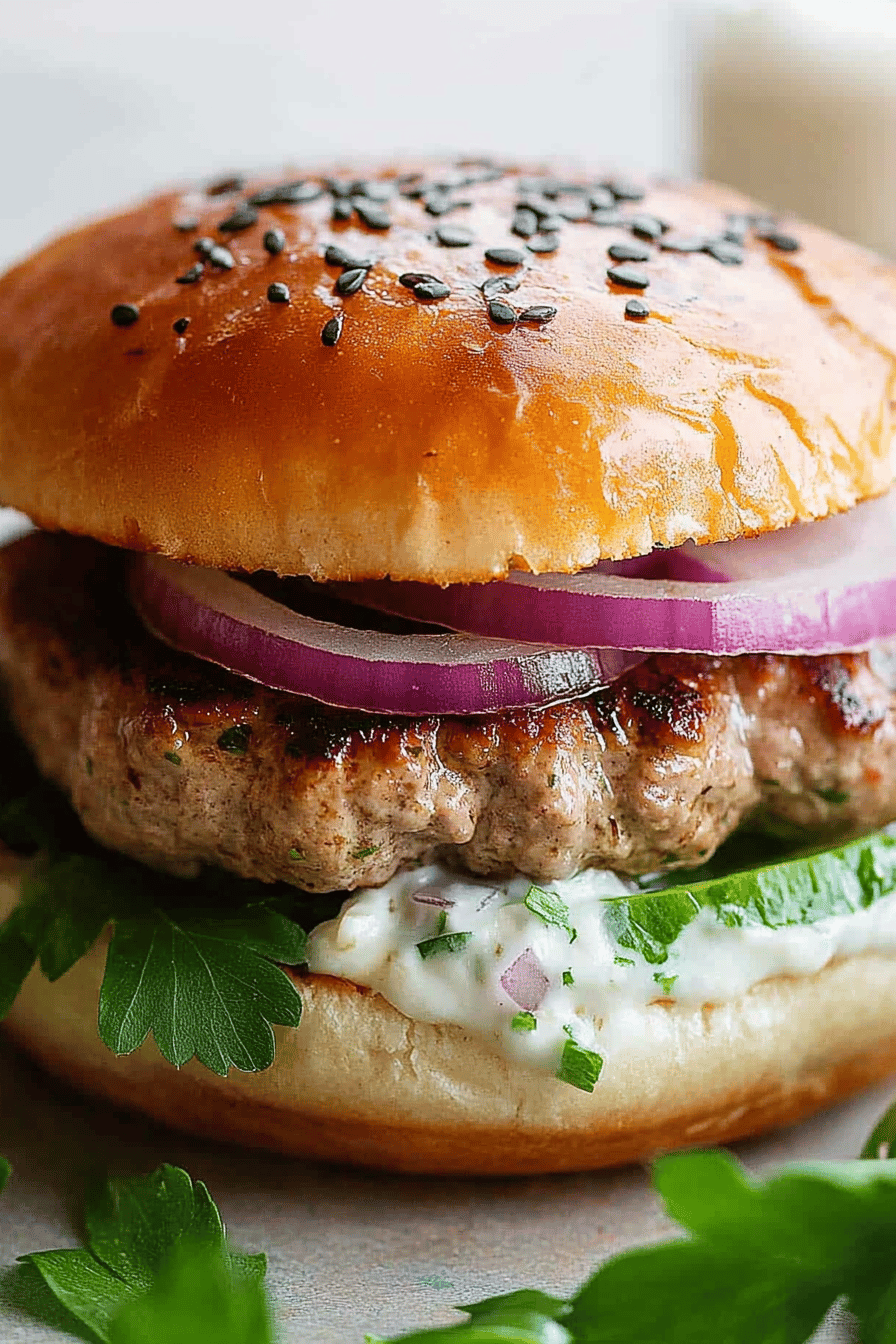 Mediterranean burger slice on plate showing perfect texture and swirl pattern