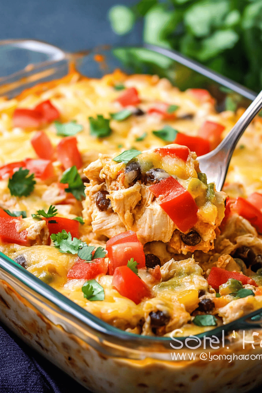 Mexican chicken casserole slice on plate showing perfect texture and swirl pattern