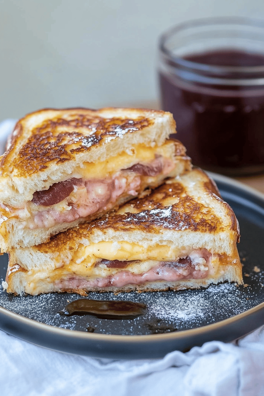 Monte Cristo sandwich ingredients organized and measured on kitchen counter