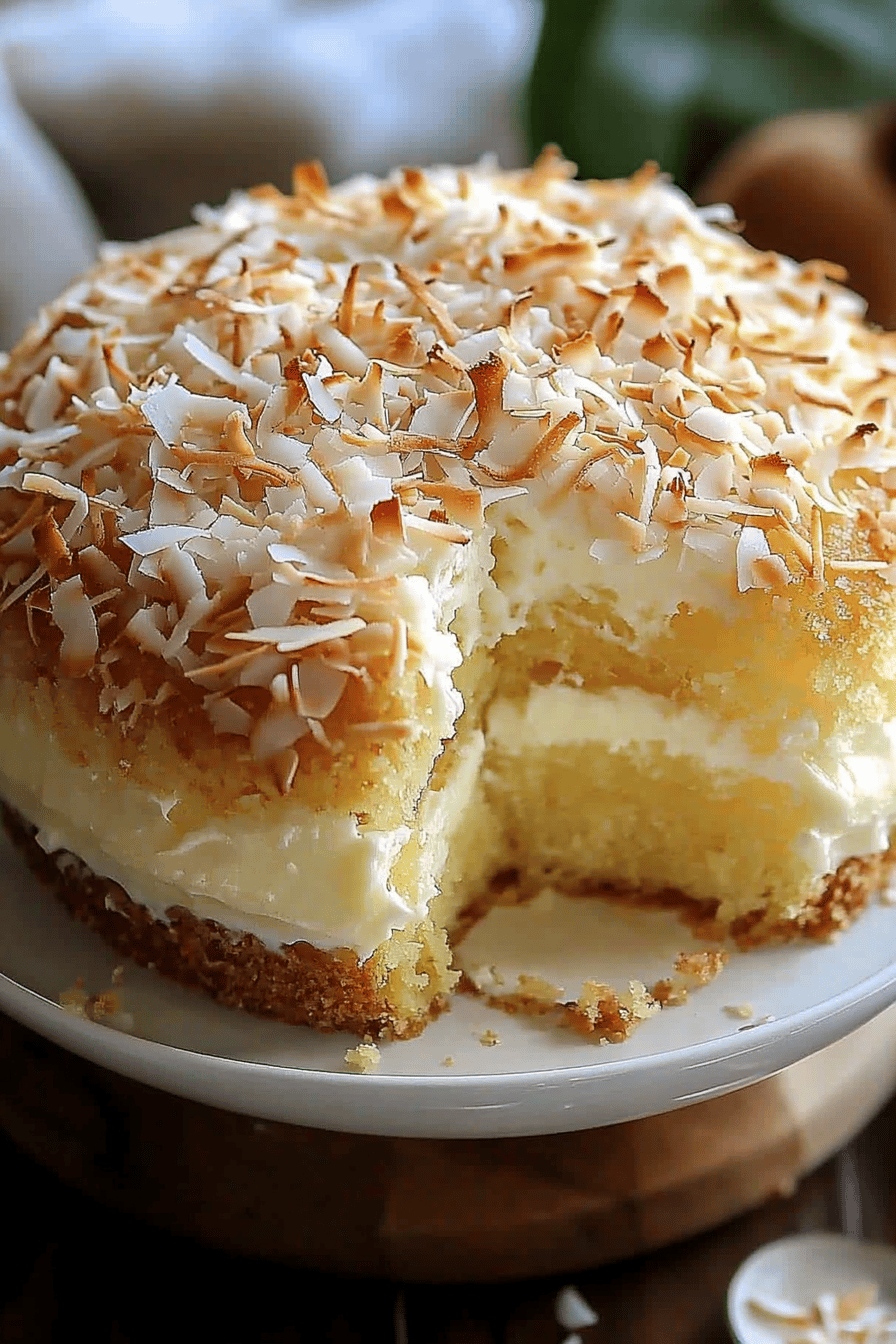 Pineapple coconut cake slice on plate showing perfect texture and swirl pattern