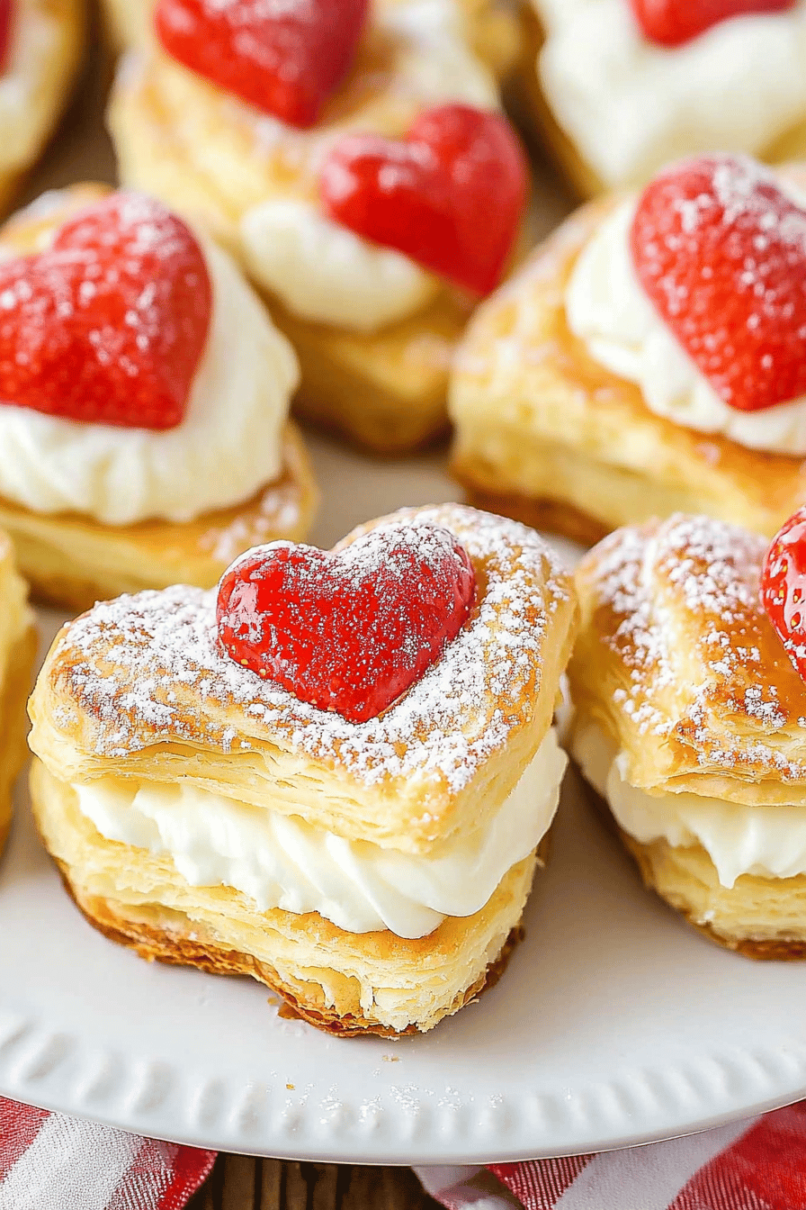 Puff pastry hearts slice on plate showing perfect texture and swirl pattern