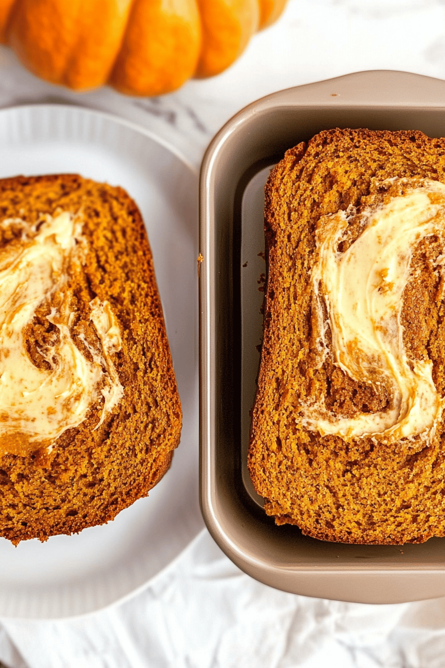 Pumpkin Cream Cheese Bread slice on plate showing perfect texture and swirl pattern