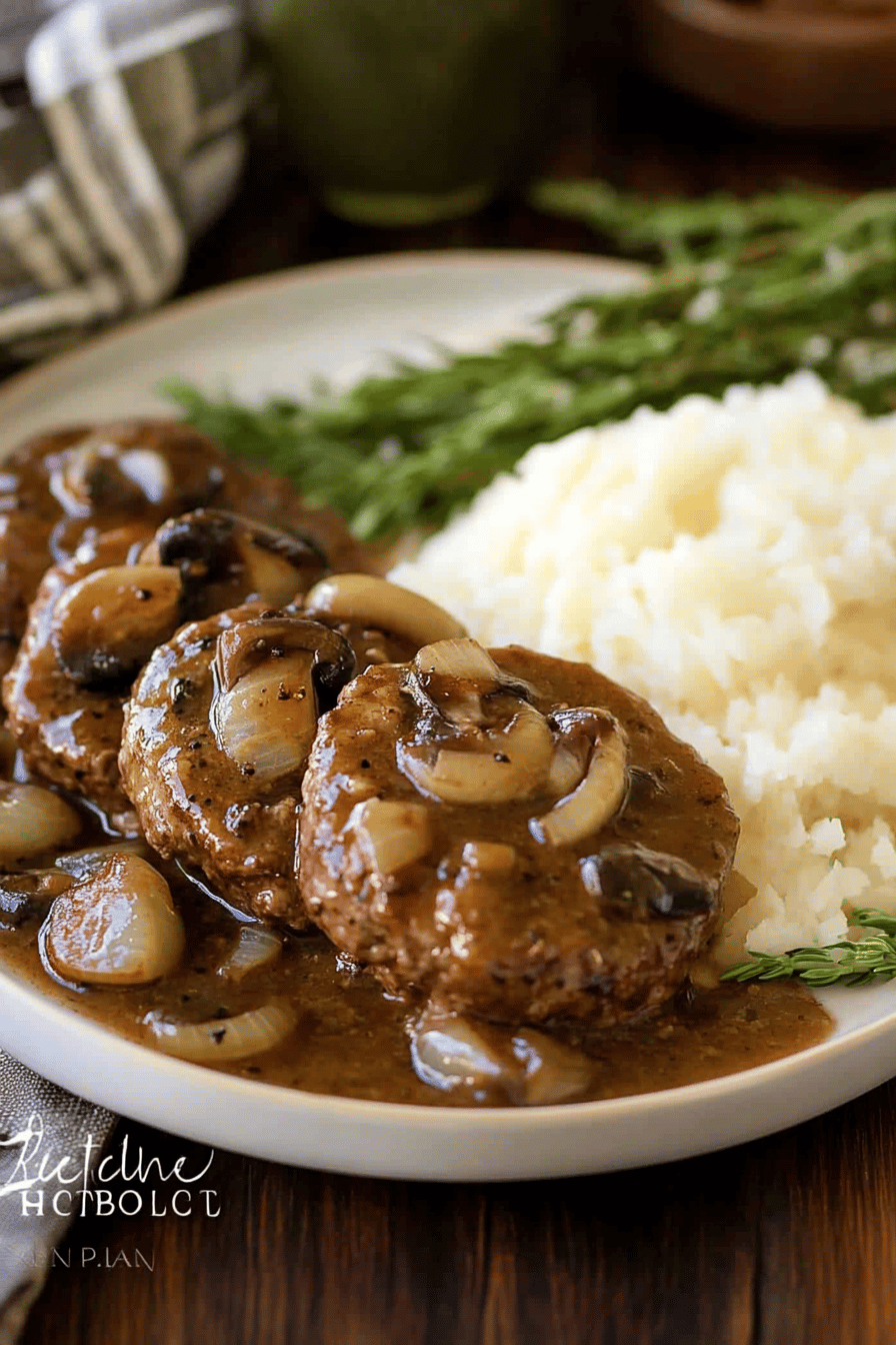 Salisbury steak recipe ingredients organized and measured on kitchen counter