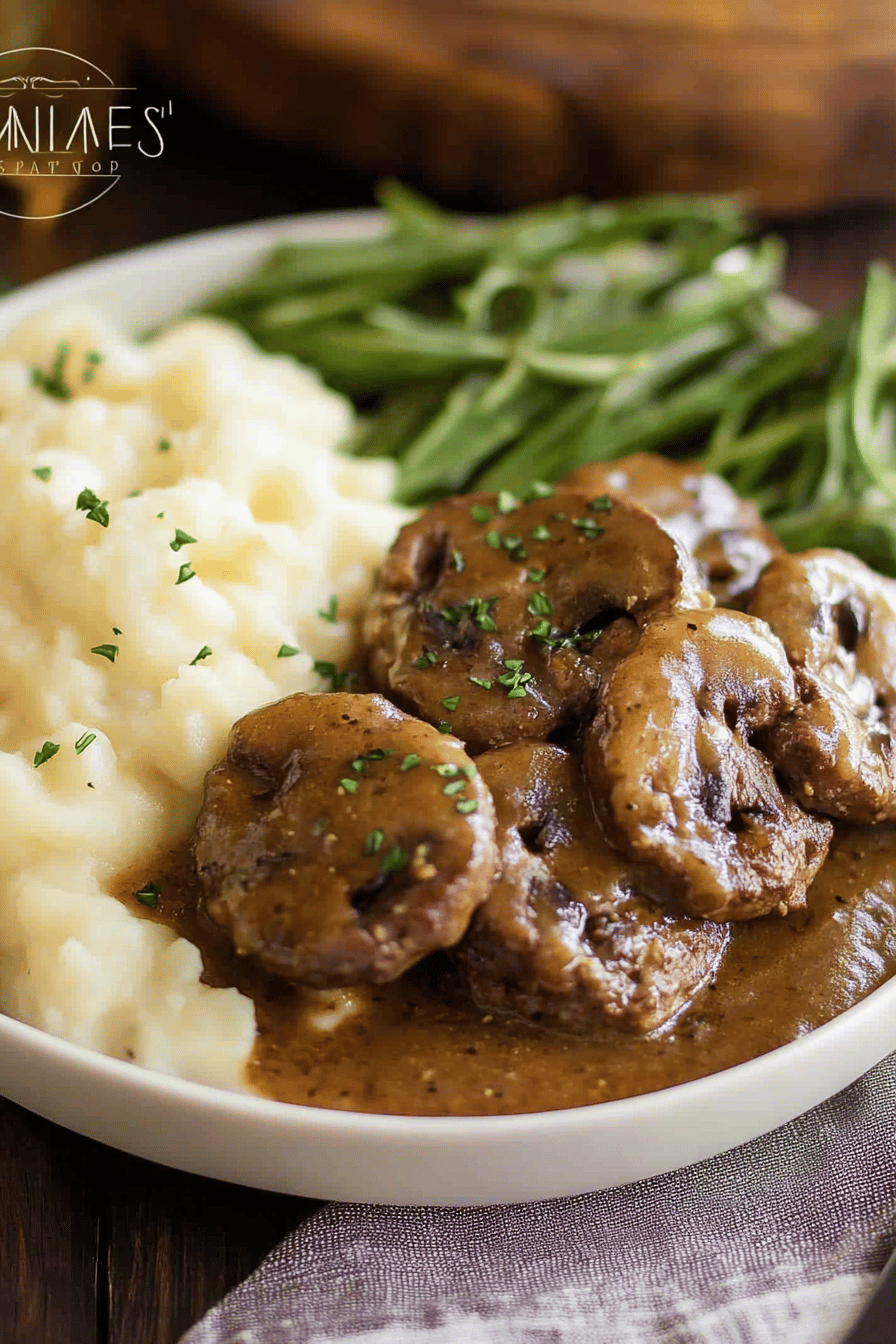 Salisbury steak recipe slice on plate showing perfect texture and swirl pattern