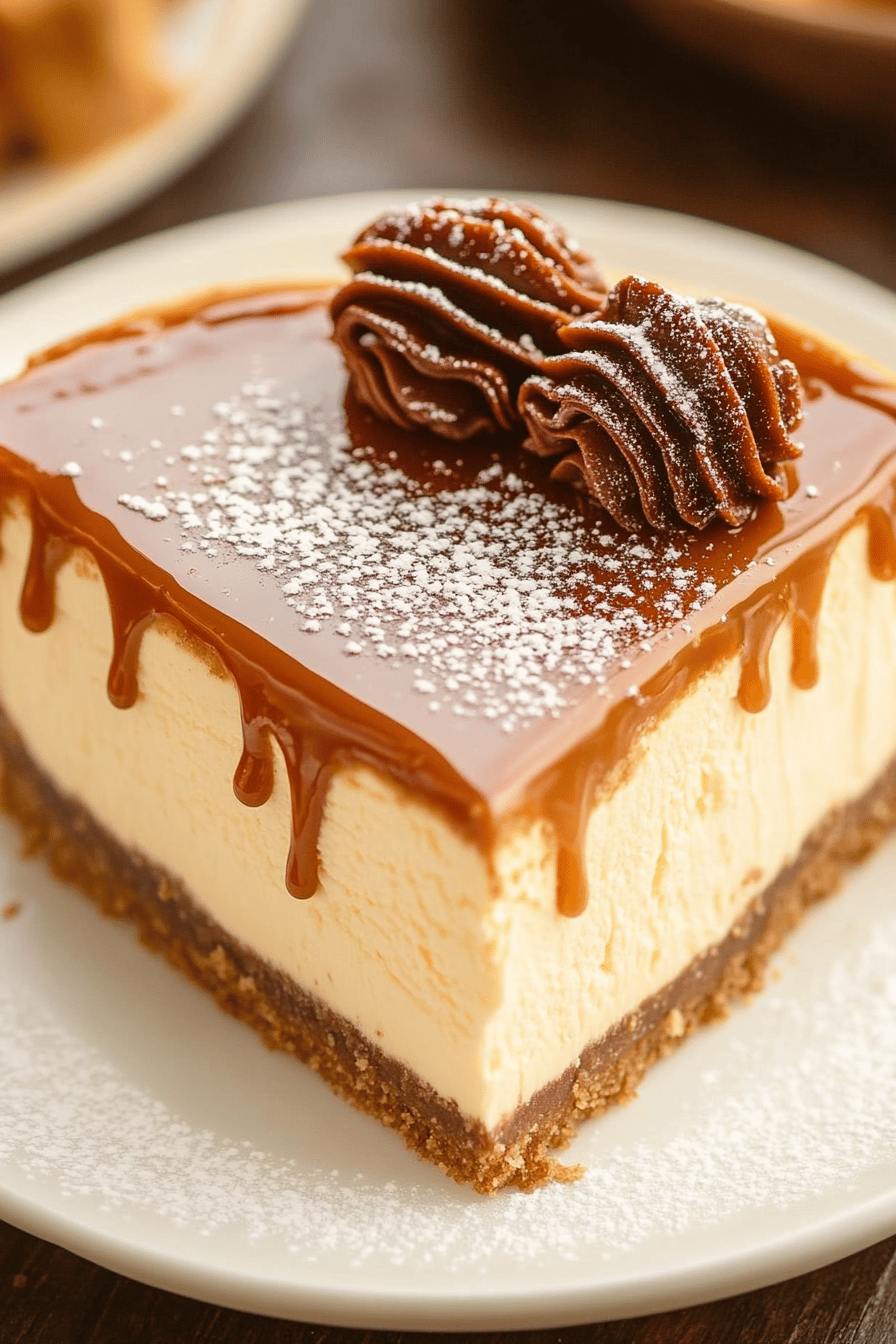 Salted Caramel Cheesecake slice on plate showing perfect texture and swirl pattern