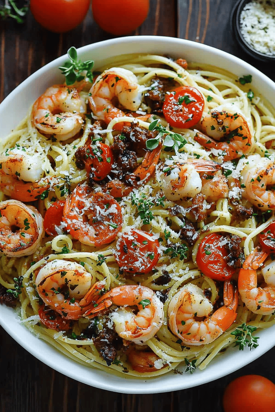 Shrimp Spaghetti Recipe ingredients organized and measured on kitchen counter