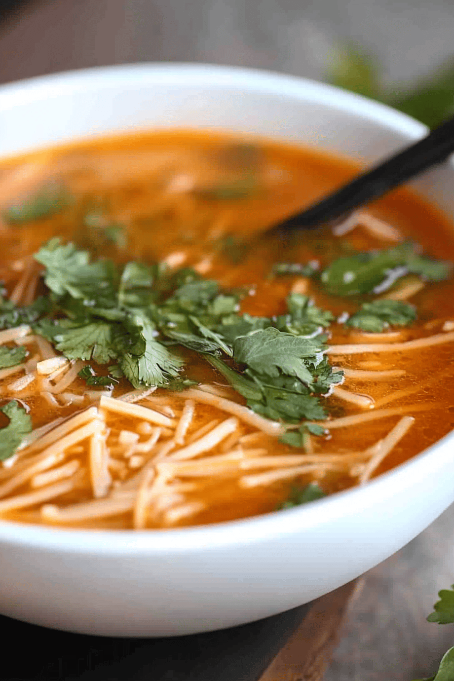 Sopa de fideos slice on plate showing perfect texture and swirl pattern