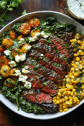 Steak with Corn Feta Spinach Sauce