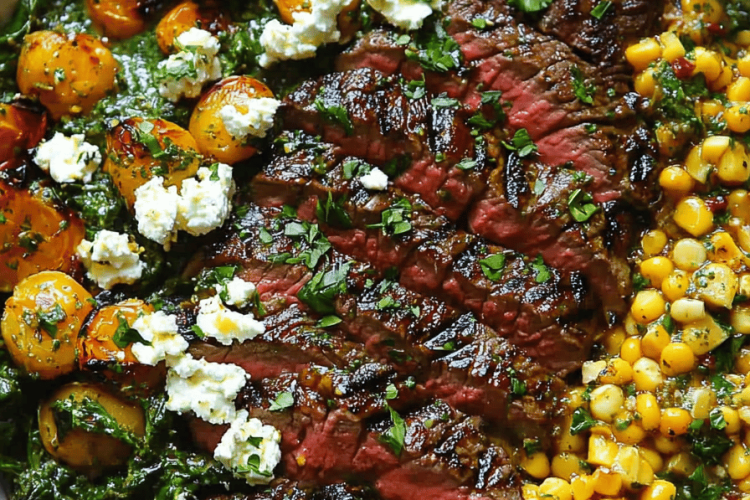 Steak with Corn Feta Spinach Sauce