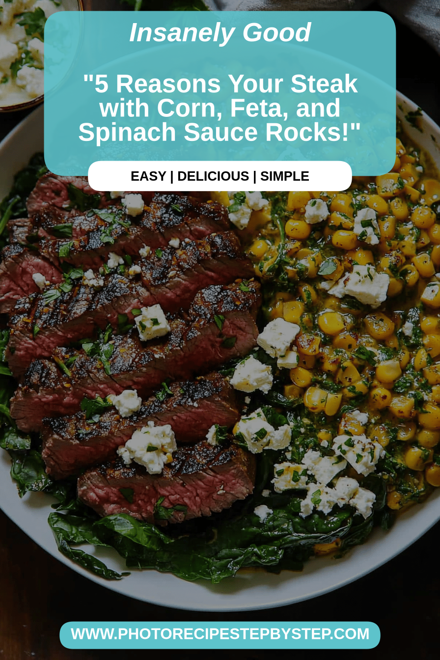 Steak with Corn Feta Spinach Sauce final dish beautifully presented and ready to serve