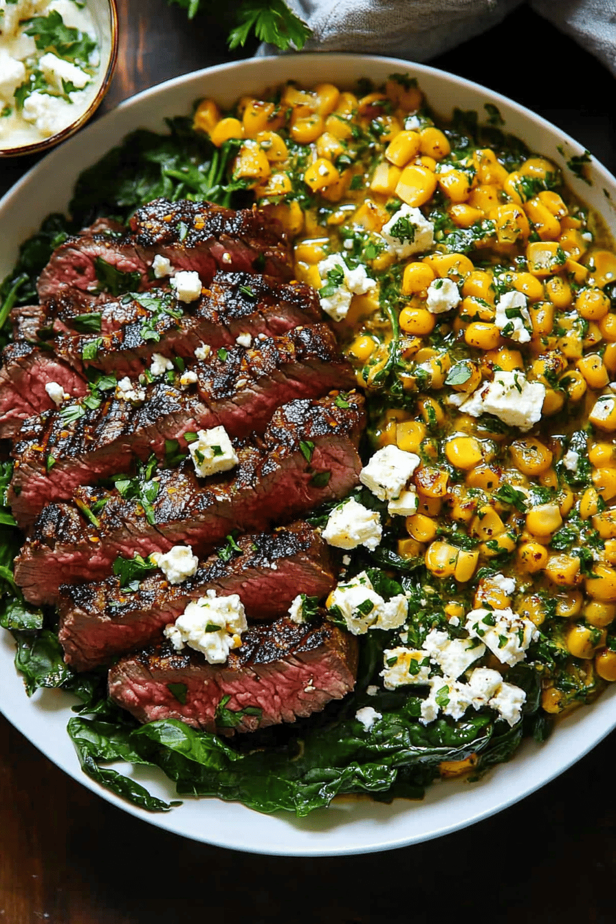 Steak with Corn Feta Spinach Sauce ingredients organized and measured on kitchen counter