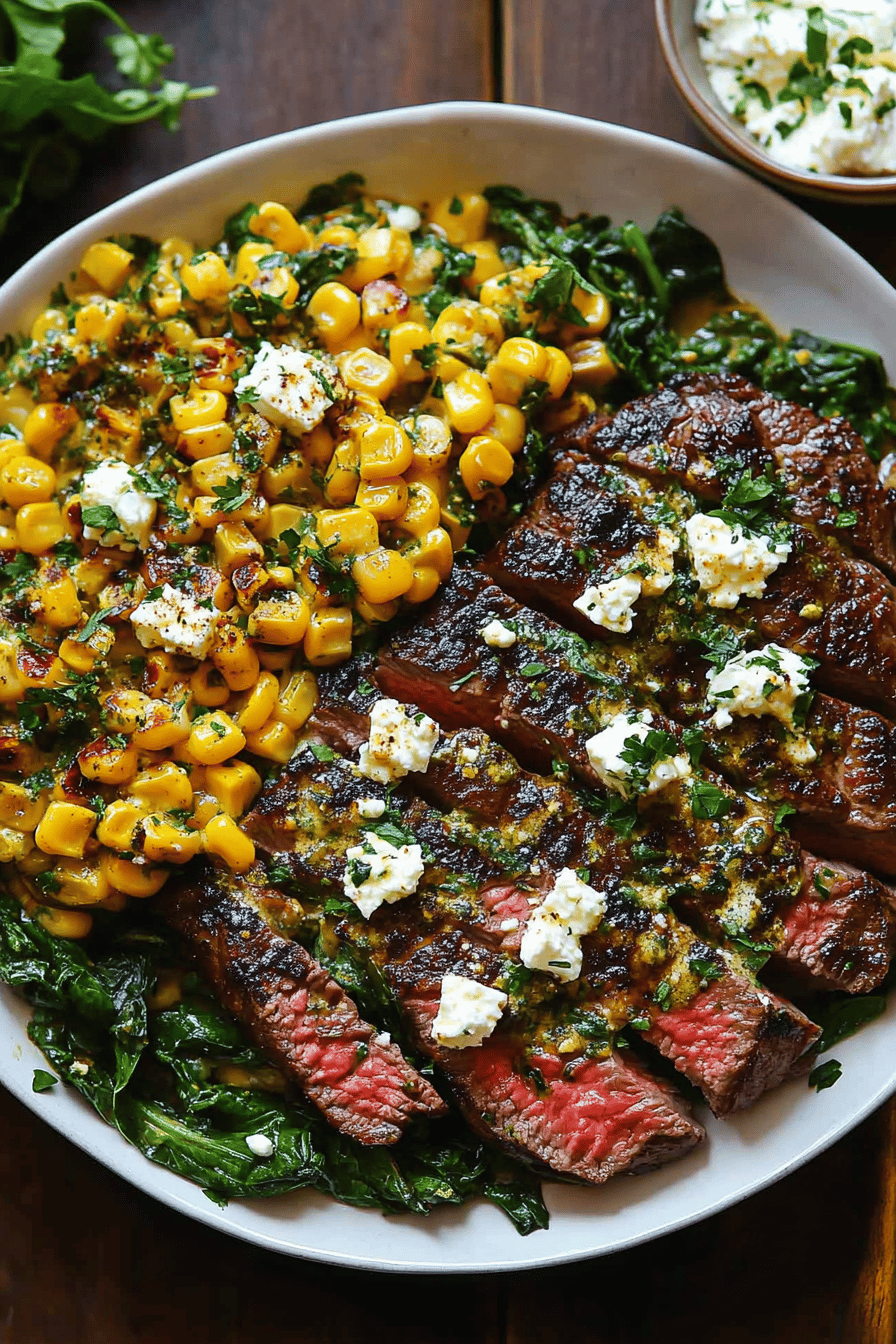 Steak with Corn Feta Spinach Sauce slice on plate showing perfect texture and swirl pattern