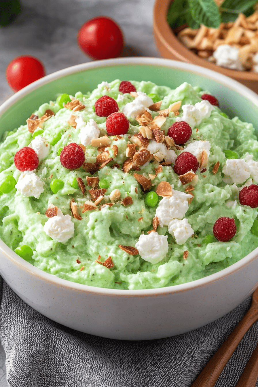 Watergate salad slice on plate showing perfect texture and swirl pattern