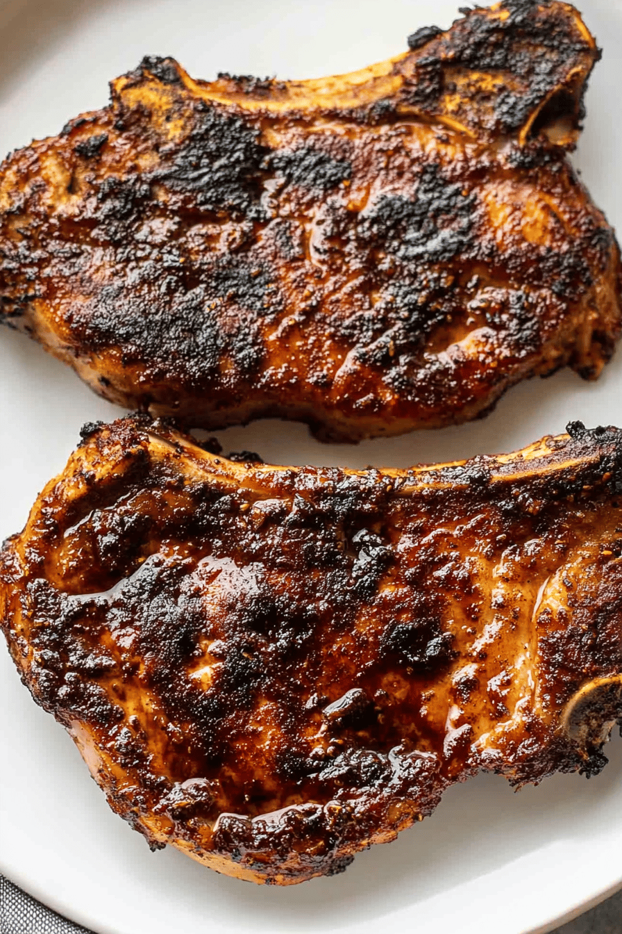 air fryer pork chops slice on plate showing perfect texture and swirl pattern