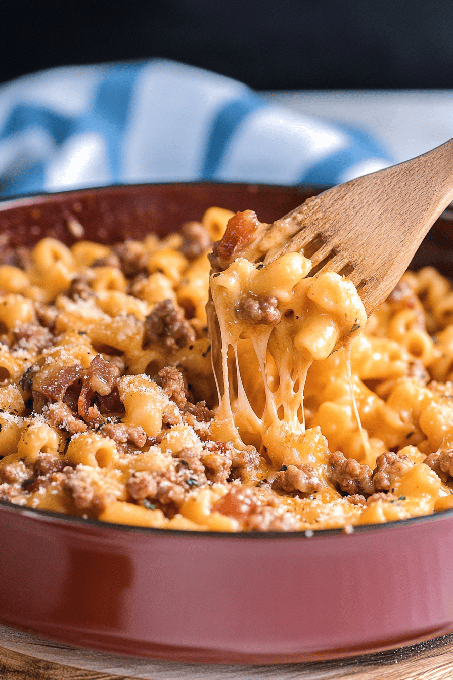 bacon cheeseburger pasta slice on plate showing perfect texture and swirl pattern