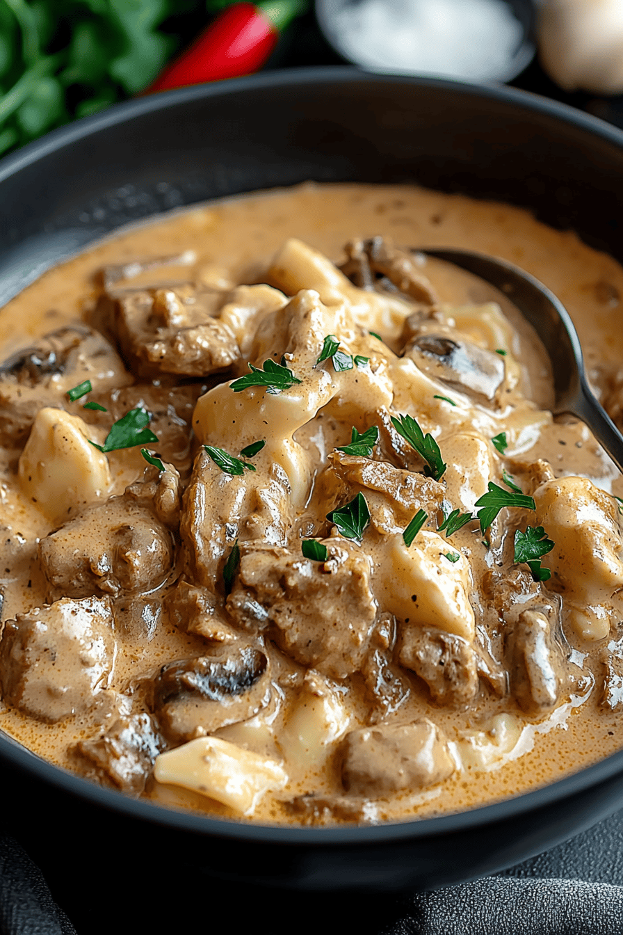 beef stroganoff ingredients organized and measured on kitchen counter