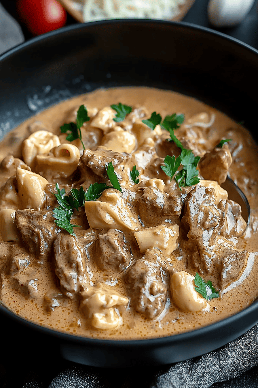 beef stroganoff slice on plate showing perfect texture and swirl pattern