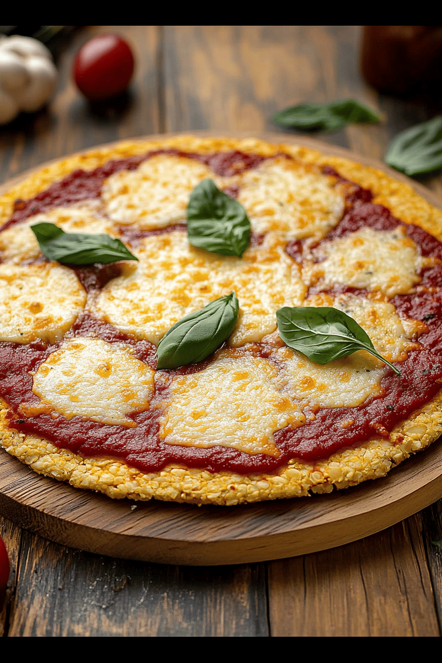 cauliflower pizza crust ingredients organized and measured on kitchen counter