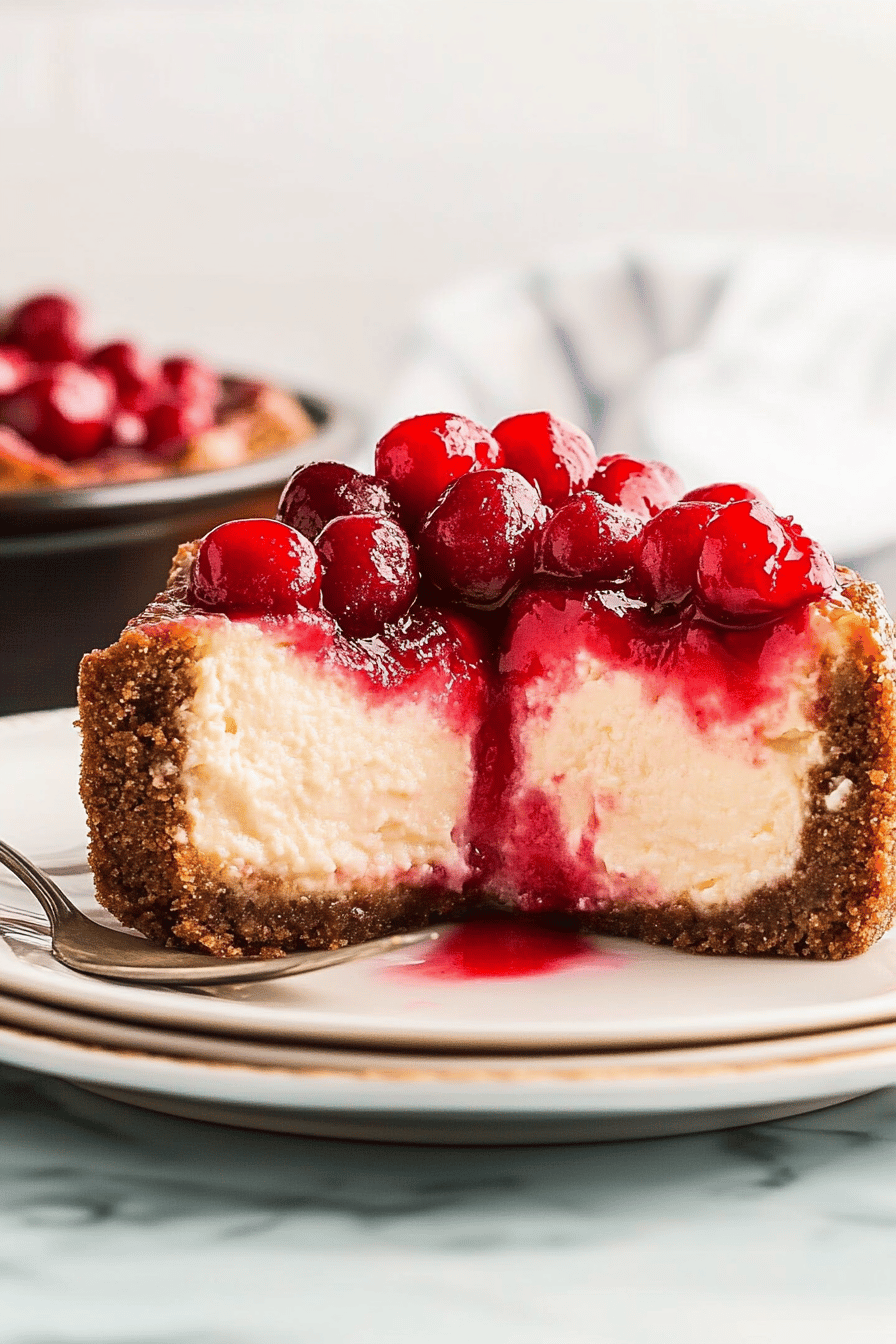 cherry cheesecake slice on plate showing perfect texture and swirl pattern