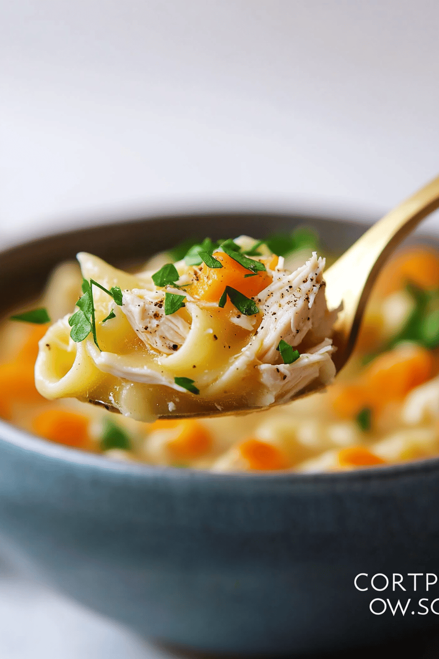 chicken noodle soup slice on plate showing perfect texture and swirl pattern